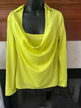 Draped Cowl Neck Long Sleeve Top - Neon Yellow